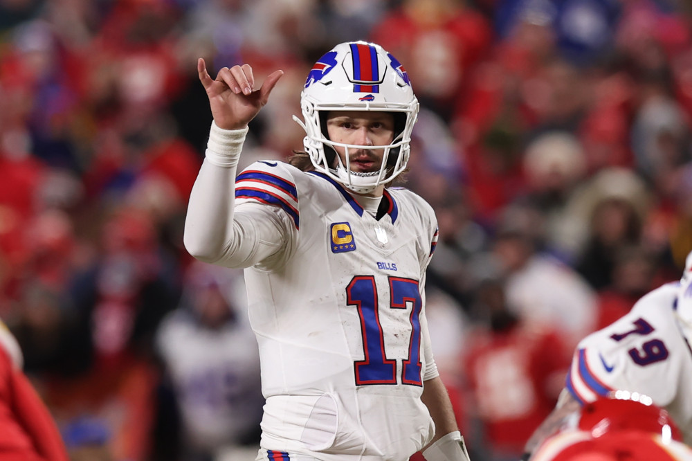 KANSAS CITY, MO - JANUARY 26: Buffalo Bills quarterback Josh Allen (17) signals to his wide receivers before the snap in the third quarter of the AFC Championship game between the Buffalo Bills and Kansas City Chiefs on January 26, 2025 at GEHA Field at Arrowhead Stadium in Kansas City, MO. (Photo by Scott Winters/Icon Sportswire)