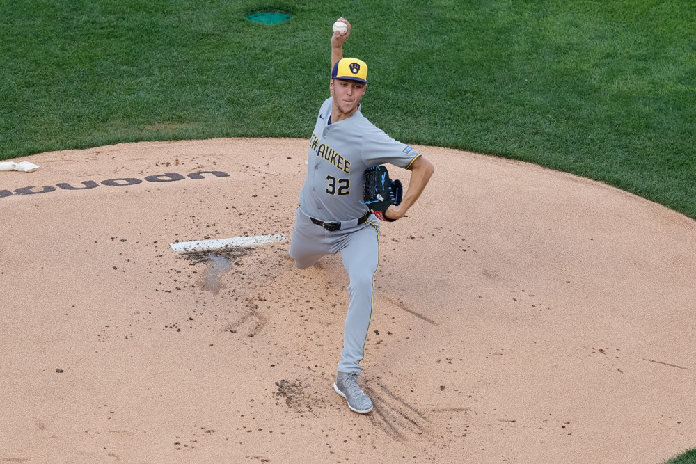 MINNEAPOLIS, MN - JUNE 20: Milwaukee Brewers starting pitcher Jacob Misiorowski (32) delivers a pitch during the MLB game between the Milwaukee Brewers and Minnesota Twins on June 20th, 2025, at Target Field in Minneapolis, MN. (Photo by Bailey Hillesheim/Icon Sportswire)