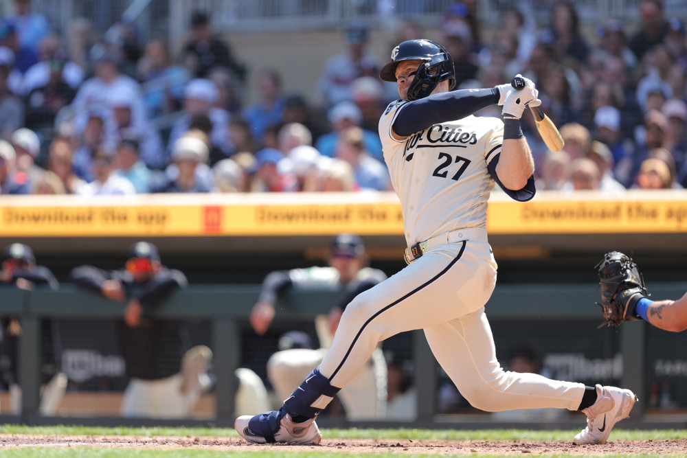MINNEAPOLIS, MN - MAY 02: Minnesota Twins catcher Ryan Jeffers (27) swings during the MLB game between Toronto Blue Jays and the Minnesota Twins on May 2nd, 2026, at Target Field in Minneapolis, MN. (Photo by Bailey Hillesheim/Icon Sportswire)