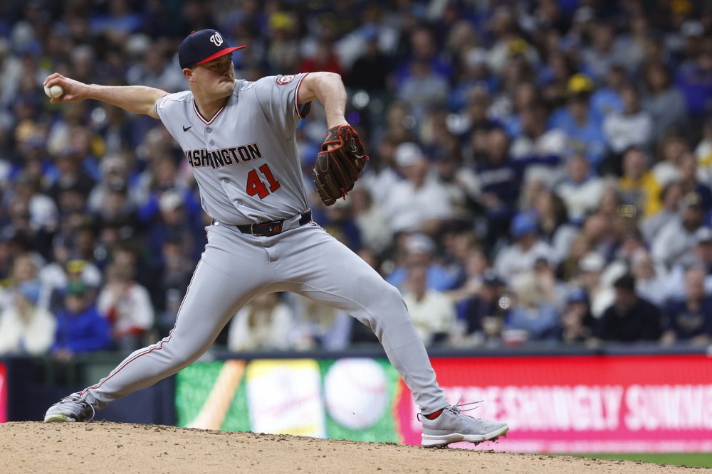 MILWAUKEE, WI - APRIL 11: Washington Nationals pitcher Brad Lord (41) pitches during a game between the Milwaukee Brewers and the Washington Nationals at American Family Field on April 11, 2026, in Milwaukee, WI. (Photo by Larry Radloff/Icon Sportswire)
